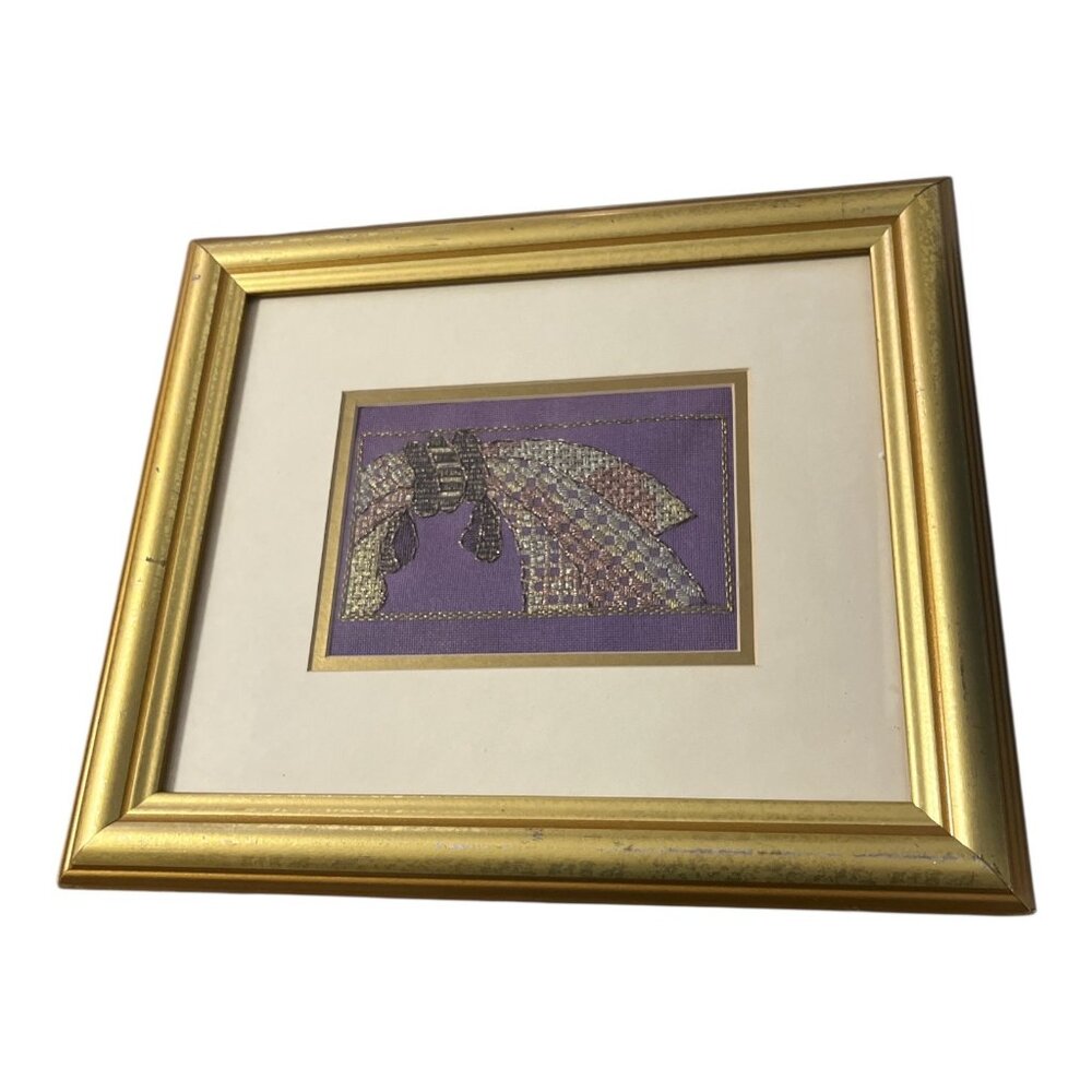Vintage Metallic Needlepoint Bow Art – Hand-Stitched Embroidery – Gold Framed 14